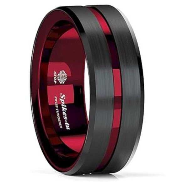 Men's Wedding Band - Black and Red Line Ring for Men - Wedding Rings - Picture 6 of 7